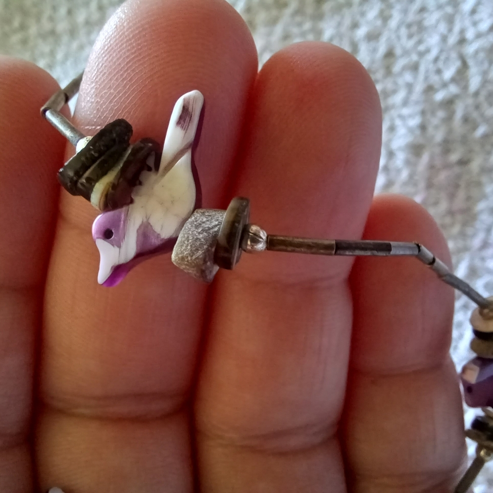 Vintage Native Purple Liquid Silver Bird Fetish Necklace And Earring Set - Picture 11 of 13